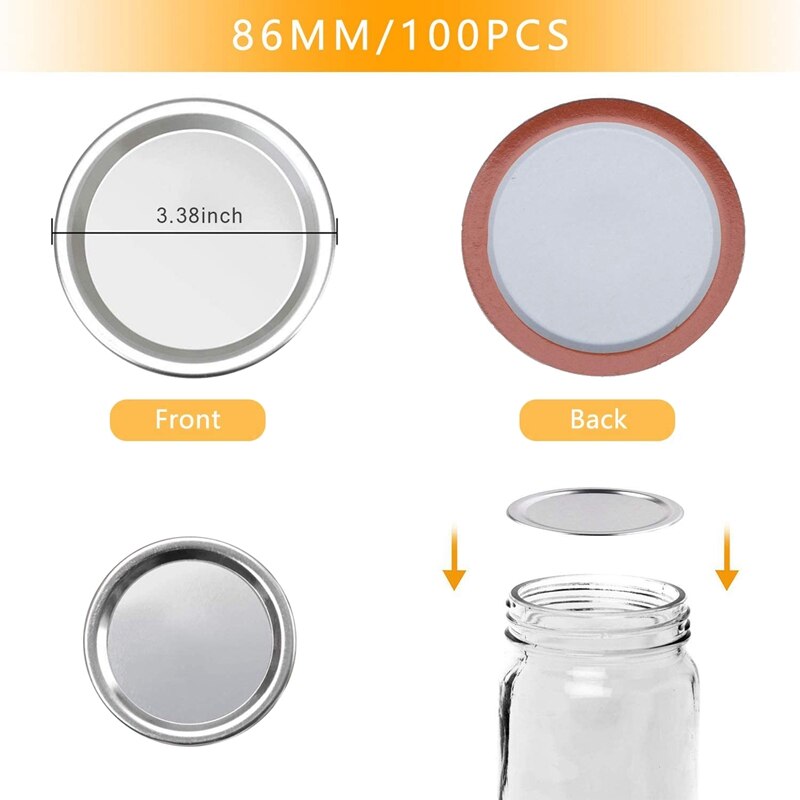 100 Pcs Wide Mouth 86 MM Mason Jar Canning Lids, Reusable Leak Proof Split-Type Silver Lids with Silicone Seals Rings