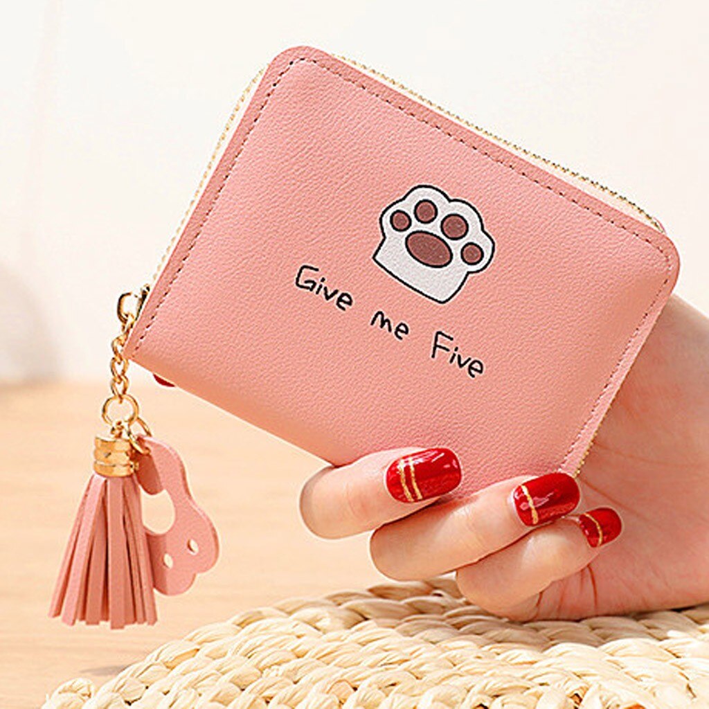 Maison Fabre Women' S Outdoor Trend Solid Color Flower Fringed Leather Card Wallet Simple Bag Coin Bag Card Bag: Pink