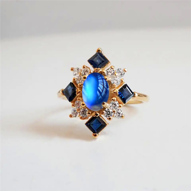 Anillo fino de piedra lunar Ovalada para mujer, anillo de compromiso de lujo de Color dorado, de cristal cuadrado azul, para boda