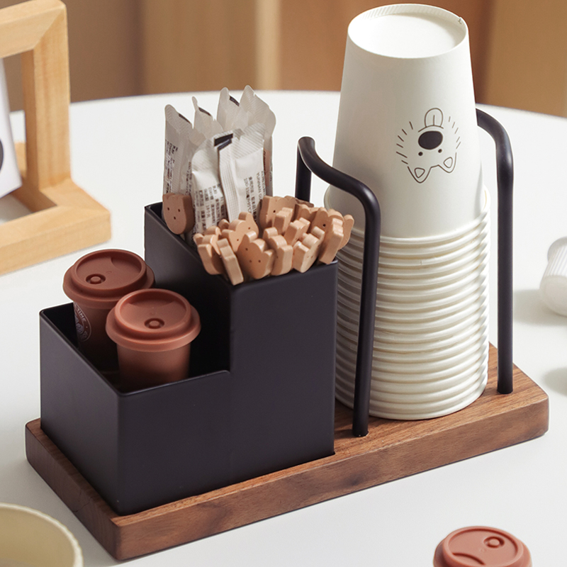 Wooden Coffee Station Organizer with Cup Holder and Condiment Storage - Coffee Bar Accessory for Disposable Cups and Coffee Supp