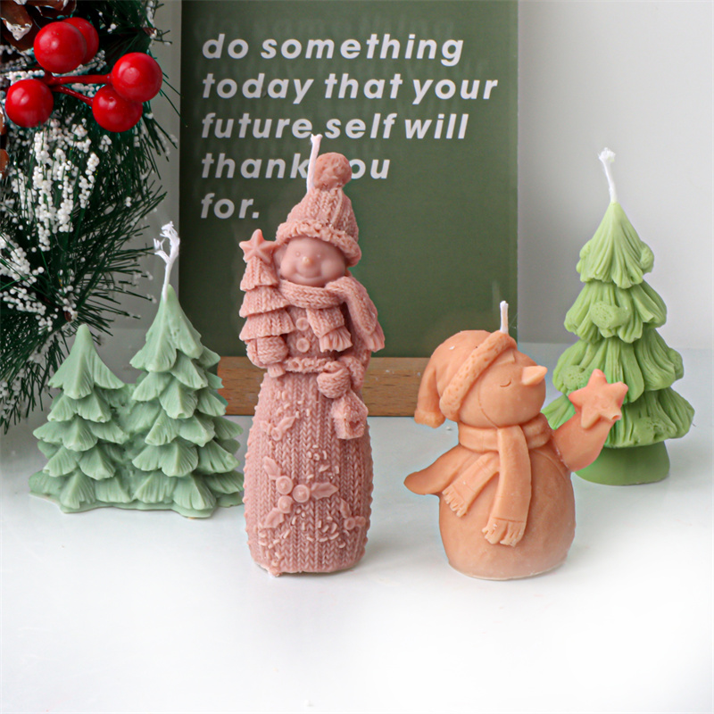 Stampi per candele natalizie in silicone Pupazzo di neve con albero di Natale Stella Pupazzo di neve Sciarpa Stampo natalizio ornato con fiocco di neve natalizio fai-da-te