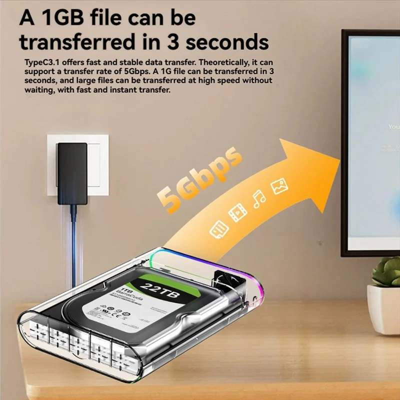 2.5/3.5 Inch RGB SATA HDD Case SATA to USB 3.0 Type C Transparent SSD Adapter External Storage Hard Support 28TB Disk Drive Box