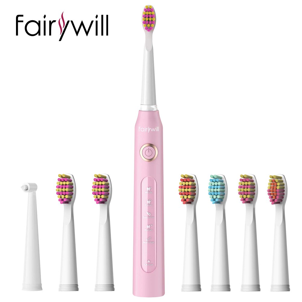 Fairywill Sonic Electric Toothbrush Rechargeable Smart Timer 5 Modes USB Charger Cleaning Brush Replacement 3 Brush Heads Adult: FW-ET507Pink.FW04