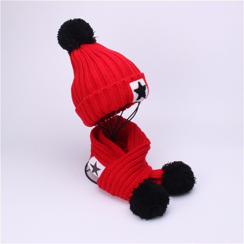 Winter warme kinderset met muts en sjaal voor kinderen, gebreide fluwelen muts, sjaal, babymeisje, jongen, effen pompon, muts, sjaal