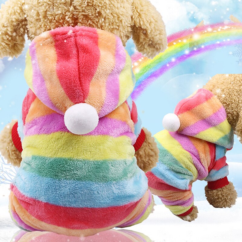 Regenboog Gestreepte Hond Jumpsuit Outfits Capuchon Zachte Flanel Winter Kerst Puppy Hond Warme Kleding Jas Teddy Kostuum Sml Xl