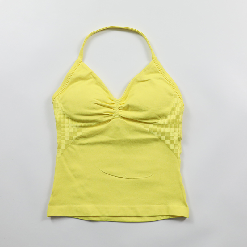 Impact Longline Strappy Top Women Seamless Yoga Tank Tops Scrunch Backless Gym Clothes Padded Workout Athletic Sleeveless Shirts: L / Yellow