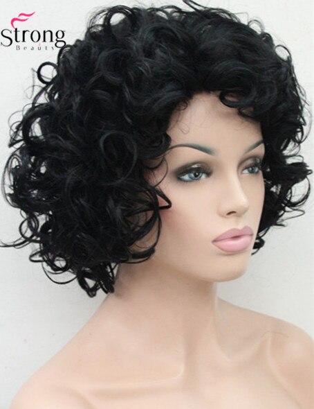 StrongBeauty Korte Stijl Krullend Capless pruik Bruin met Blonde Highlights Synthetisch Haar Pruiken voor Vrouwen KLEUR KEUZES: 1 Dark Black