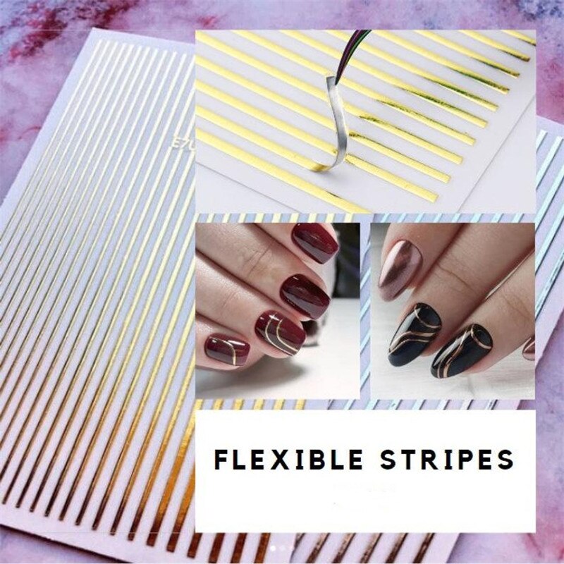 1 vel Nail Sticker Goud/Zilver/Regenboog Streep Lijnen 3D Metalen Strip Tape Lijm Voor Nail Art Decoratie sticker DIY Decals #