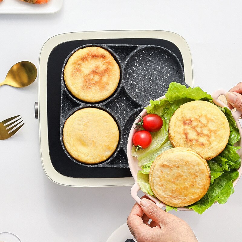 4 Hole Omelet Pan for Burger Egg Ham Pancake Maker Wooden Handle Frying Pan