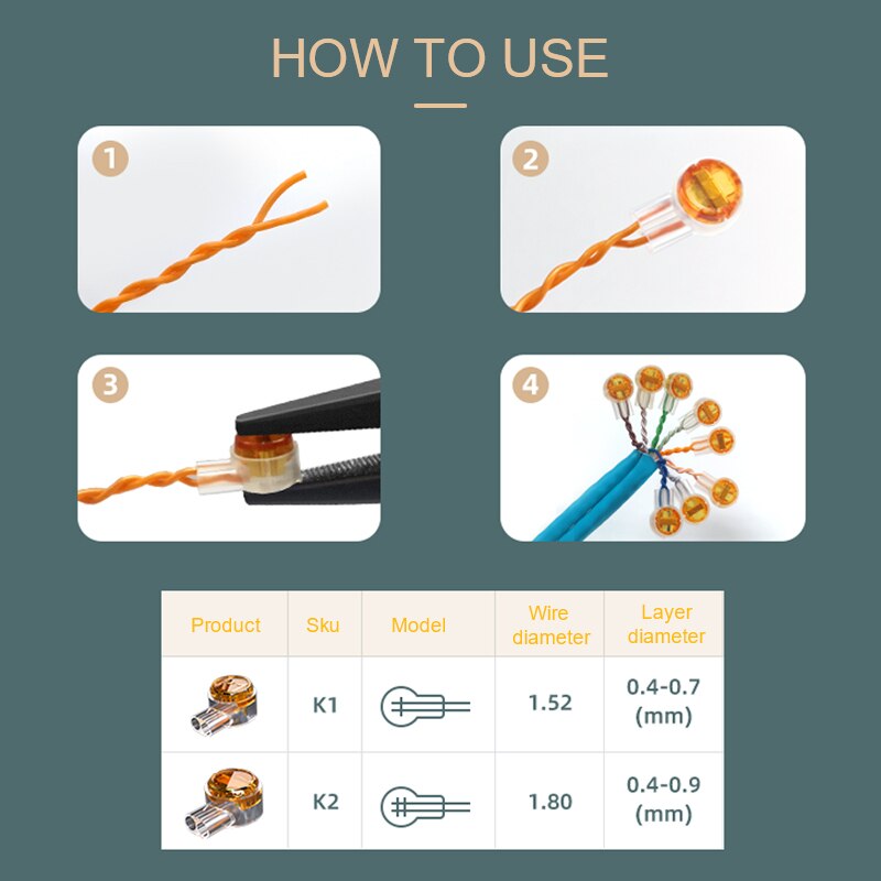 SAMZHE K1 k2 conector Crimp terminales de conexión cableado impermeable Ethernet Cable de teléfono término 100 Uds