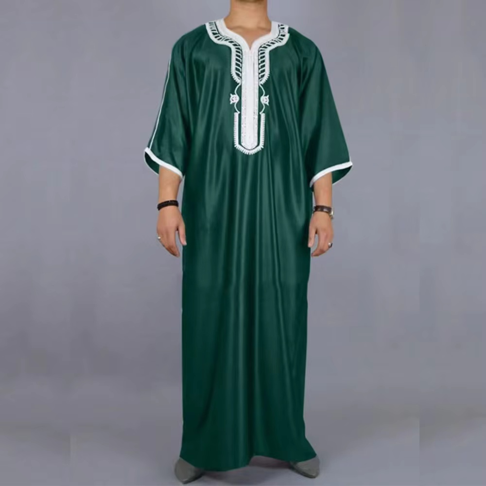 Bata de lujo musulmana de estilo marroquí para hombre, bata exclusiva tradicional Eid al Fitr, bata holgada con bordado simple para hombre: S / Verde