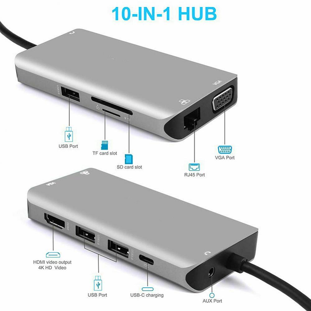 10 in 1 USB C Hub Multiports Adapter Docking Station HDMI-compatible VGA Ethernet RJ45 LAN