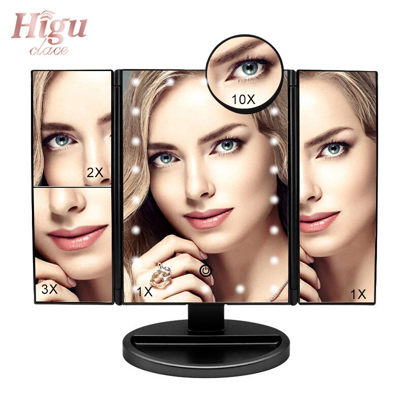 Make-Up Spiegel Met Led-verlichting Touch Screen 3 Fold Verstelbare 180 Graden Flexibele Cosmetische Spiegels Usb Of Batterijen Gebruik Higu: Black