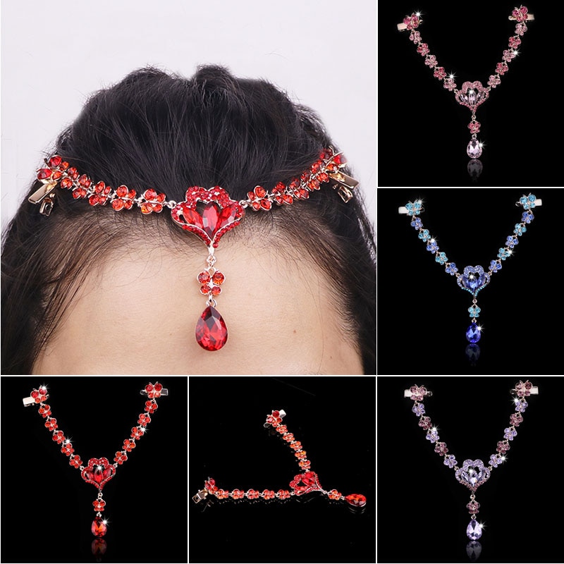 Recém 2020 cristal frontlet vermelho testa rosa cabeça corrente azul meninas casamento nupcial jóias roxo drape headpiece duplo clipes