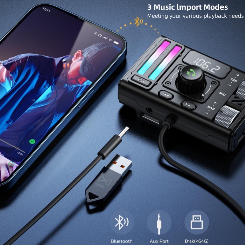 Transmisor FM inalámbrico BT5.3 efectos de sonido de graves agudos qc3.0 + pd20w carga rápida DSP reducción de ruido Bluetooth reproductor de MP3 para coche