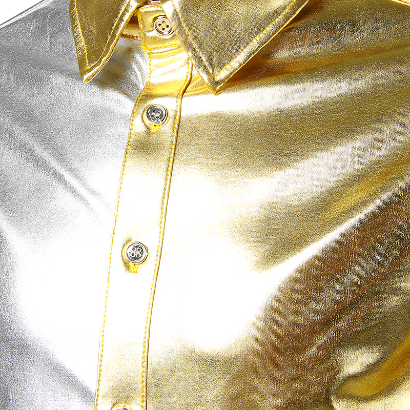 Natklub patchwork disco dance toppe mærke skjorte guld sliver kostume fest herre metallisk skinnende slim klubtøj