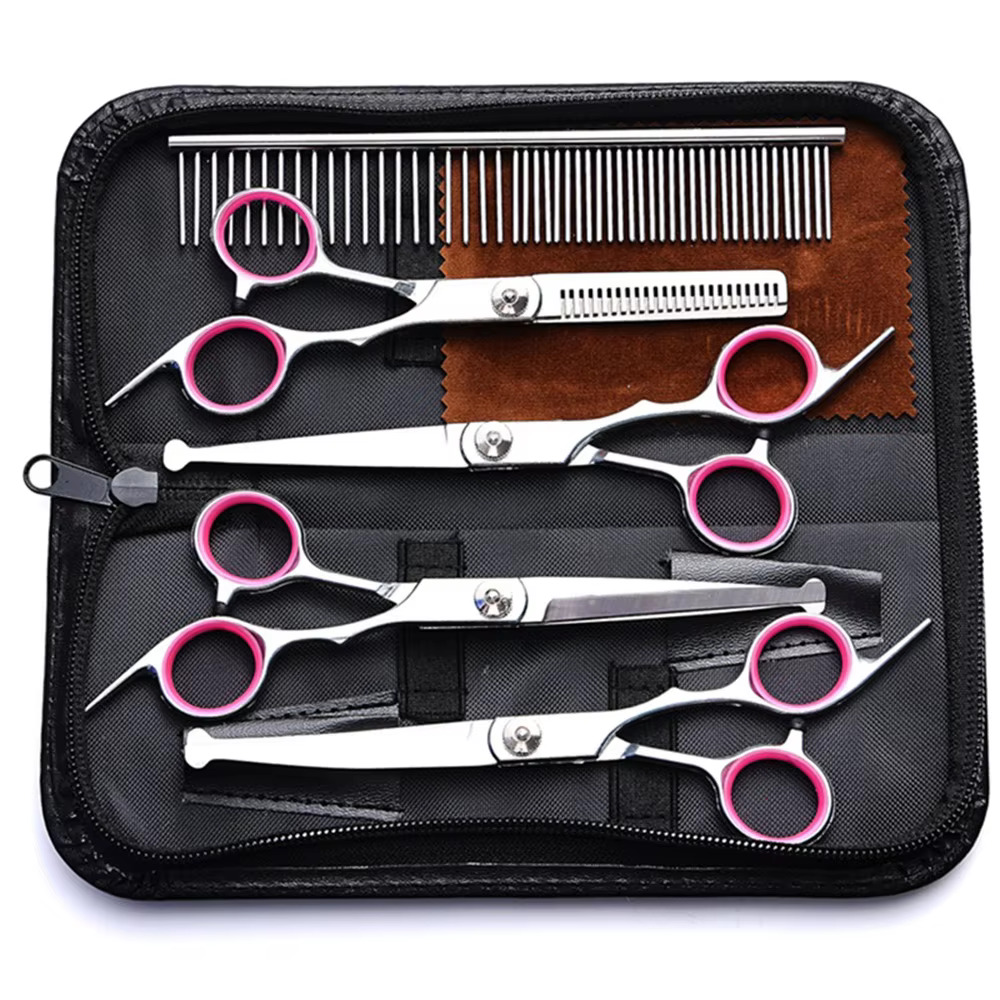 Ensemble de ciseaux de toilettage professionnels 5 en 1 pour chiens, ciseaux amincissants en acier inoxydable pour poils de chiens et de chats avec pointe ronde de sécurité pour animaux de compagnie: Rose