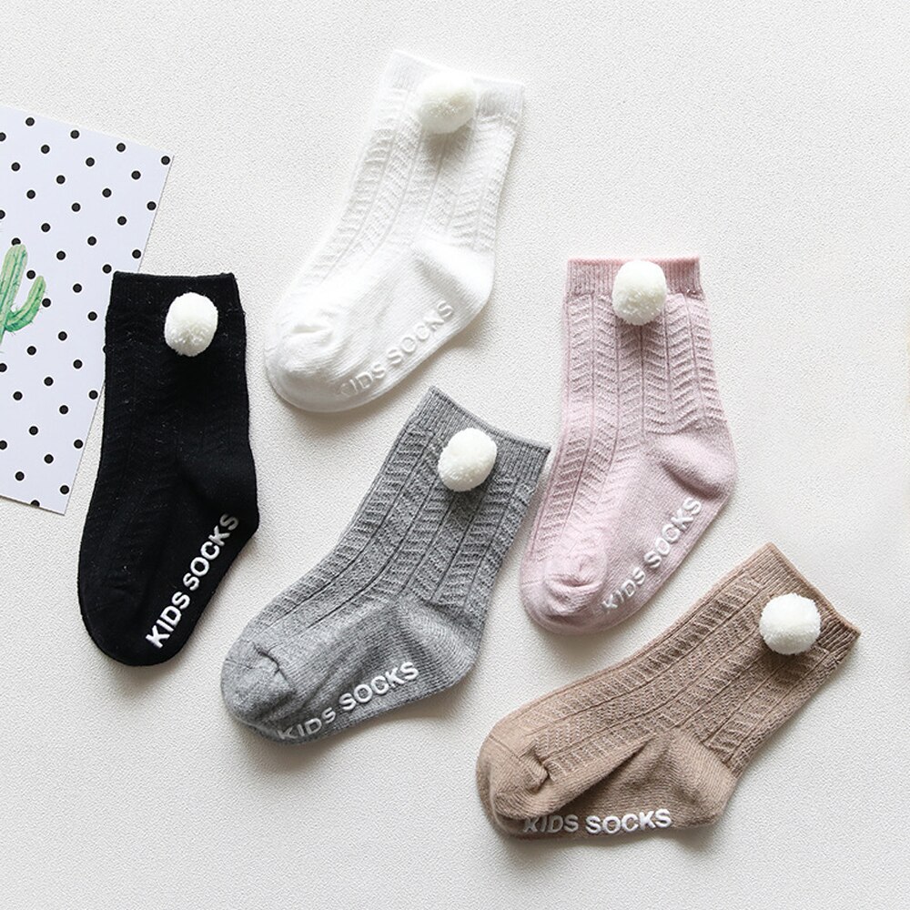 5 Colors Cotton Baby Short Socks Anti Slip Knit Knee Boy Girl Foot Warmer Pom Pom Ball Socks