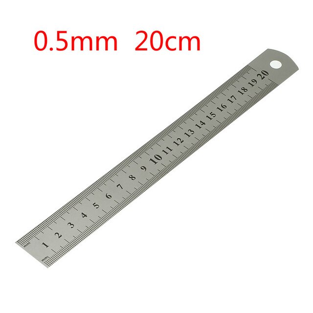 1 stk 15cm/20cm/30cm/50cm dobbeltsidet skala rustfrit stål lige lineal måleværktøj 0.7mm/0.5mm skolekontorartikler: 20cm