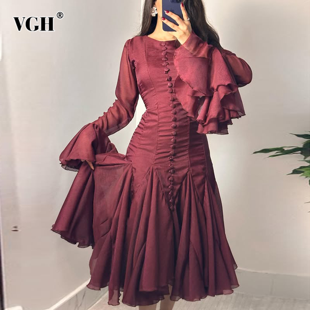 VGH Solide Abnehmen Verstärktes Geschmack Kleider Für Frauen Rundhals aufflackern Hülse Hohe Taille Drapierte Saum Temperament Kleid Weibliche Neue