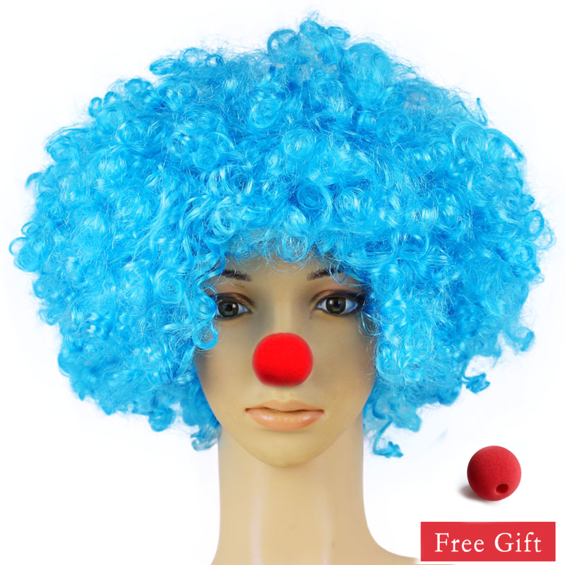 Kleurrijke Clown Pruik Afro Krullend Synthetische Pruik Cosplay voor Mannen Vrouwen Mardi Gras Party Pruik Rood Groen Geel Blauw Pruik Clown Neus: T1B/Light Grey