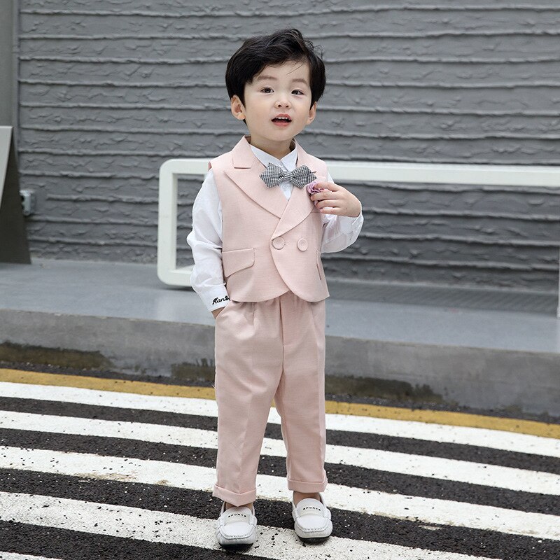 Spring Autumn Child Formal Dress Suit Set Boys First Birthday Party Performance Wedding Costume Kids Waistcoat Pants Clothing: pink vest pants / 12M