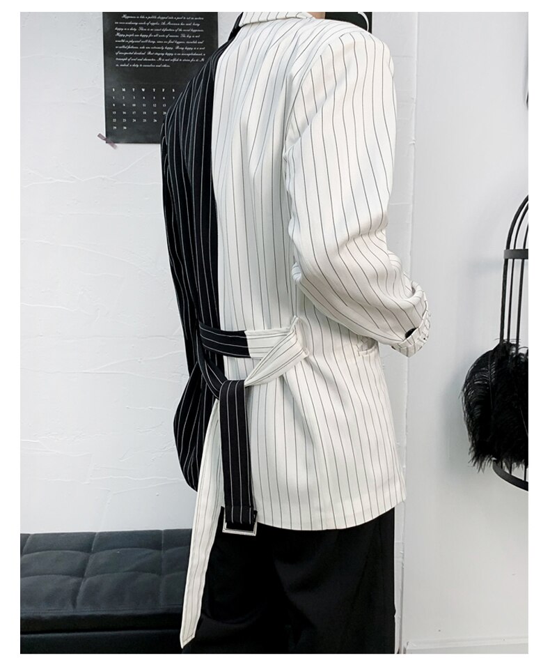 Men Half Black Half White Notch Lapel Striped Blazers Jacket Blazer Coat One Button