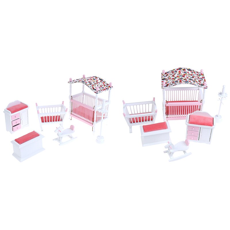 6pcs/set Mini Dollhouse Bedroom Furniture Toys Set 1/12 Wooden Simulation Furniture DIY Model Toy for Doll House Decoration Pink