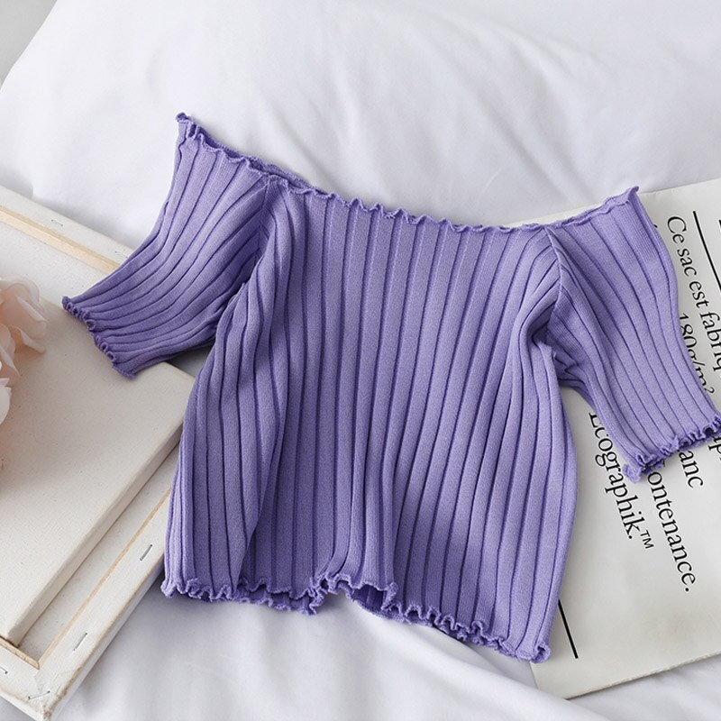 Kvinnor t-shirt off shoulder stickad crop tops kvinnor solida kortärmade smala t-shirts kvinnor sommar: Lila