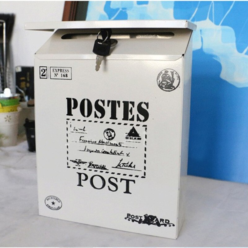 Metal Mail Box Case 4 Colors Vintage Metal Tin Newspaper Letter Mailbox Waterproof Post Box Lockable Box Garden Ornament: White