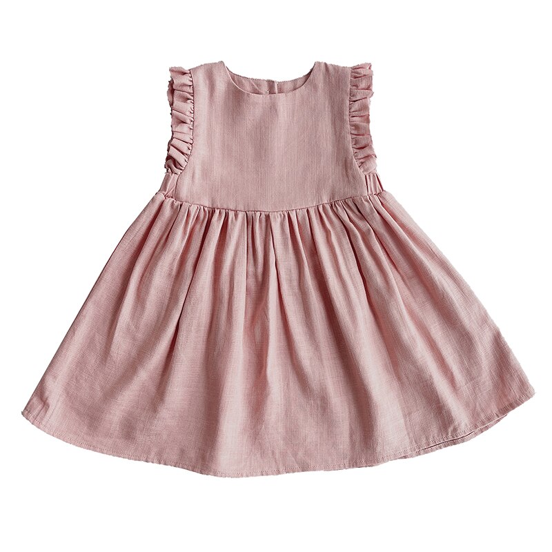 Baby Meisje Jurk 1-6Y Effen Linnen Katoen Ruche Mouw Kinderen Jurken Voor Zomer Prinses Feestjurk Peuter Meisje A-lijn Zonnejurk: Pink / 110