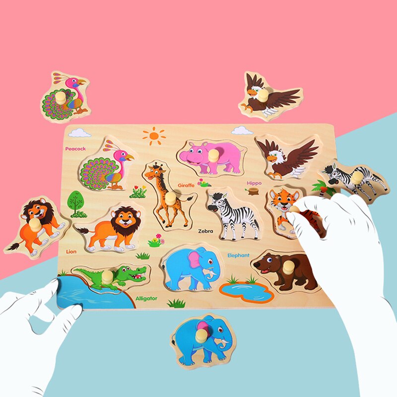 Giocattoli per bambini montessori puzzle di legno a mano afferrare bordo del fumetto veicolo marine animale di puzzle di puzzle giocattolo di legno bambino regali