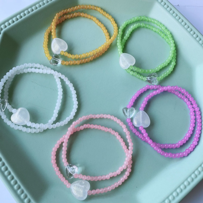 2pcs/Sets Kpop Aesthetic Hand Beaded Heart Transparent Elastic Acrylic Bracelet For Women Girls Party Jewellery