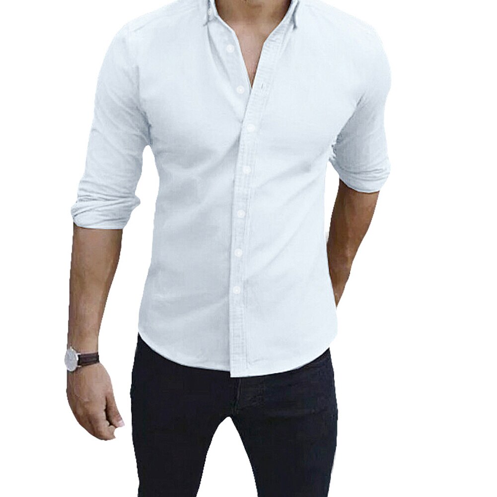 Men Shirts Slim Fit Solid Color Long Sleeve Single Smart Casual Shirts Breasted Turndown Casual Tops: White / XL