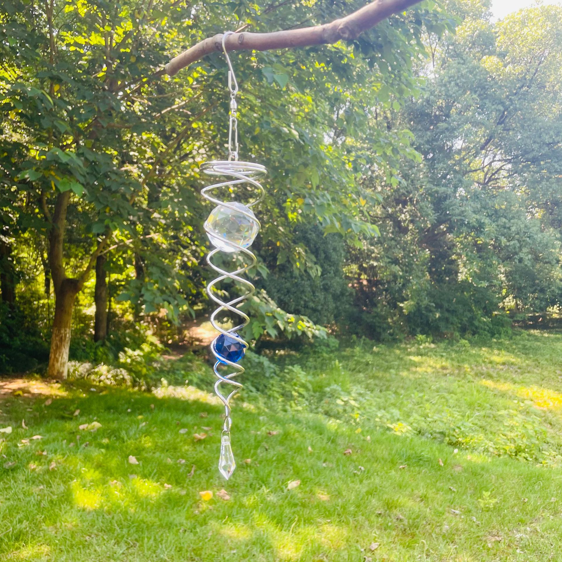Gazing Ball Spiral Tail Wind Spinner Indoor Outdoor Decoration Stainless Steel Crystal Glass Ball with Hanging Swivel Hook: light yellow