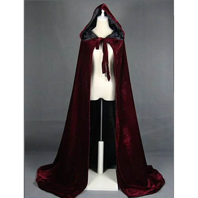 Hooded Cloak Long Velvet Cape Robe Green Black Red Halloween Carnival Purim Coats Medieval Witch Wicca Vampire Costume For Adult