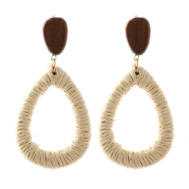 Ladies Boho Handmade Water Shape Vine Rattan Straw Woven Dangle Earrings For Women Bohemian Wooden Earring Jewelry: E0378-1