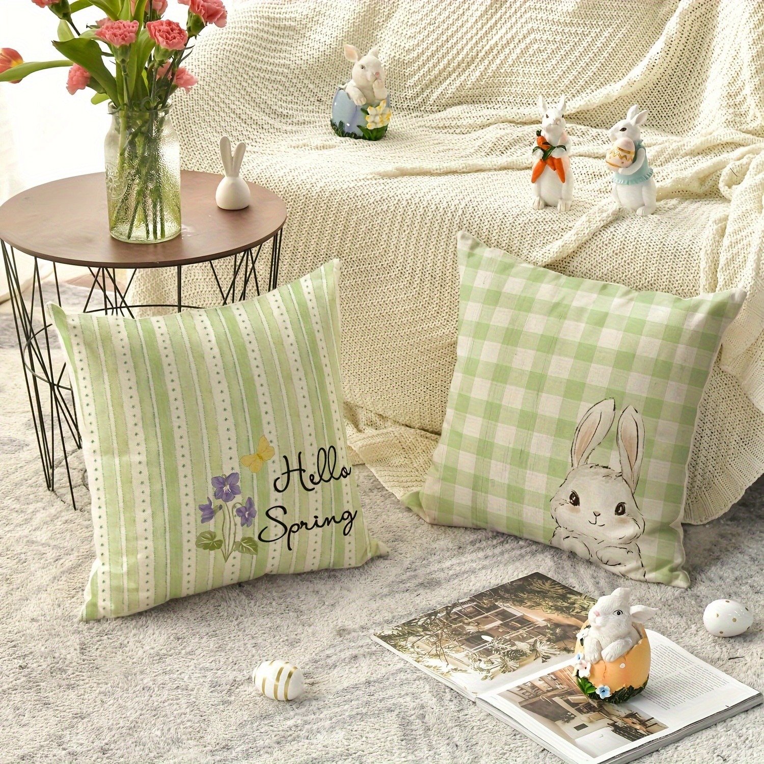 Funda de almohada decorativa de Pascua feliz, funda de cojín para sofá con de flores y entramado de conejo de primavera, decoración para la habitación del hogar