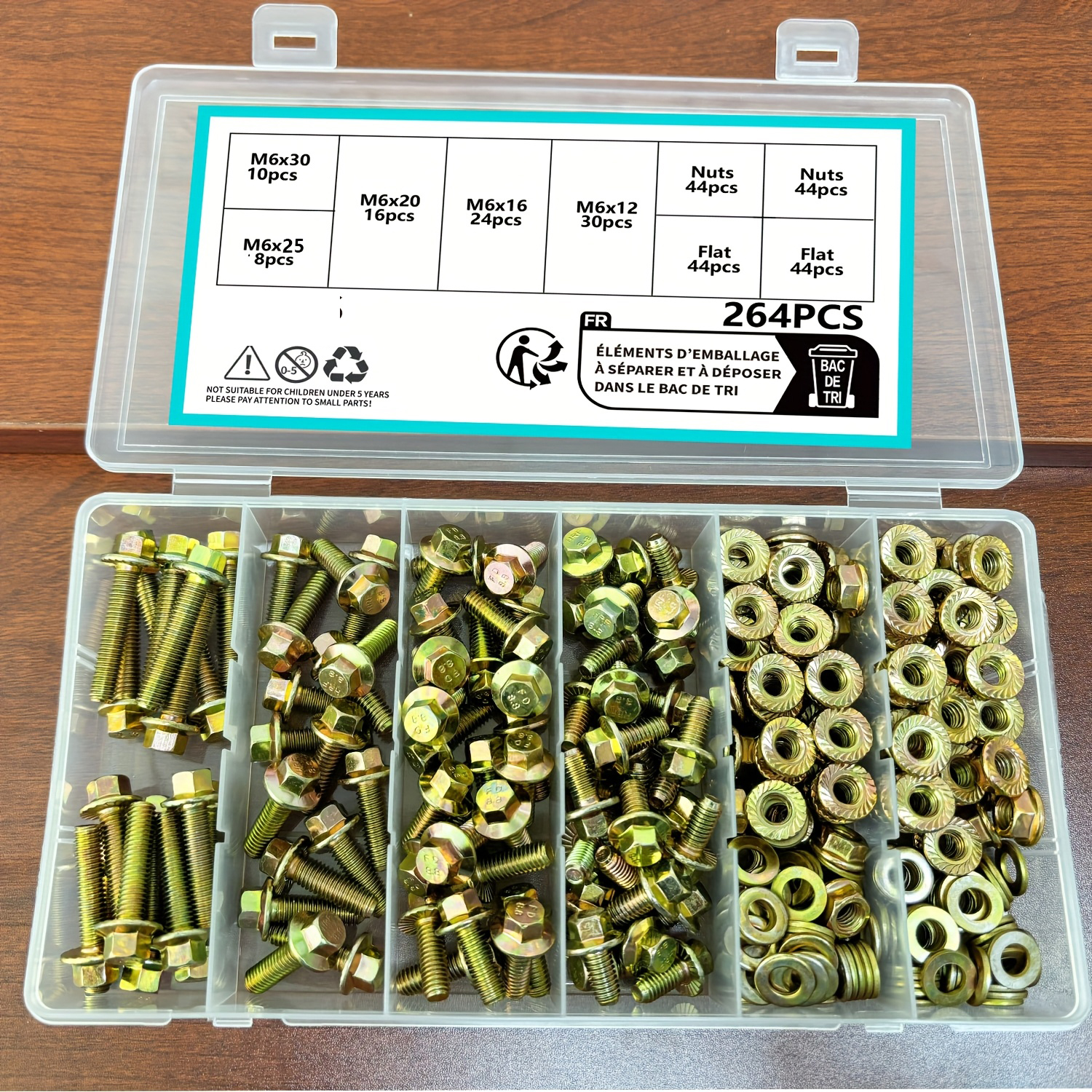 M6-264PCS flange hex head bolt nut washer kit, 8.8 grade alloy steel color galvanized metric flange hex head screw kit: Default Title