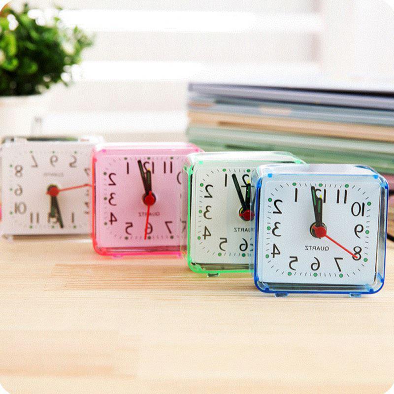 4Colors Square Small Bed Alarm Clock Transparent Crystal Case Compact Digital Alarm Clock Mini Children Student Desk Table Clock