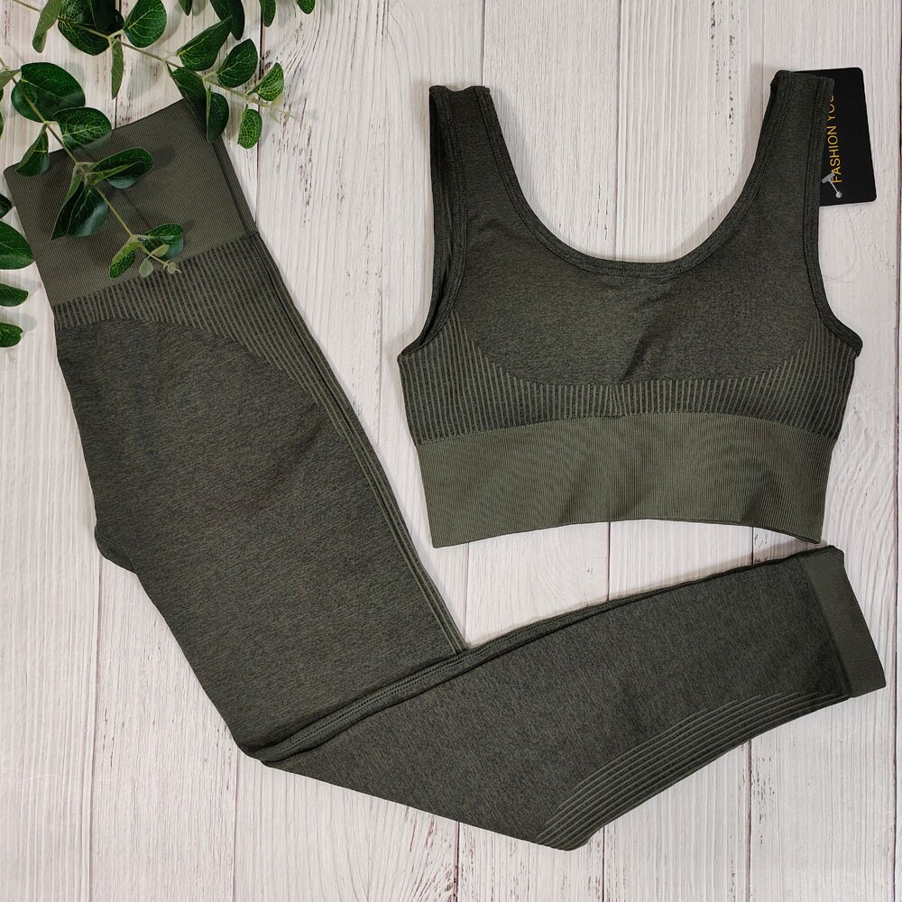 Naadloze Yoga Set Vrouwen Sport Pak Workout Outfit Fitness Gym Sets Kleding: Army Green Set / S