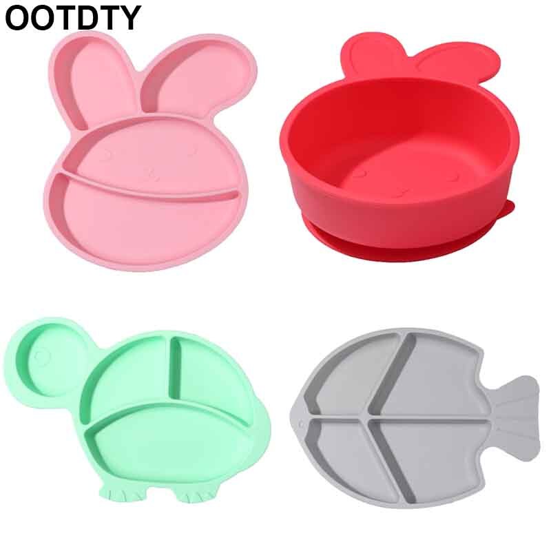 Baby Silicone Fish Tortoise Rabbite Shape Divided Suction Silicone Plate Bowl Suction Tray Antislip Kids Food Feeding Bowl