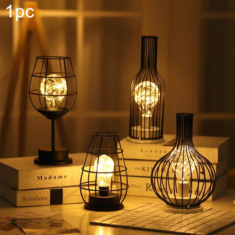 Table Lamp Copper Wire Blub Light Modern Copper Metal Style Glass Bottle Cage Shape Battery Operated for Home Office Caffe Dec