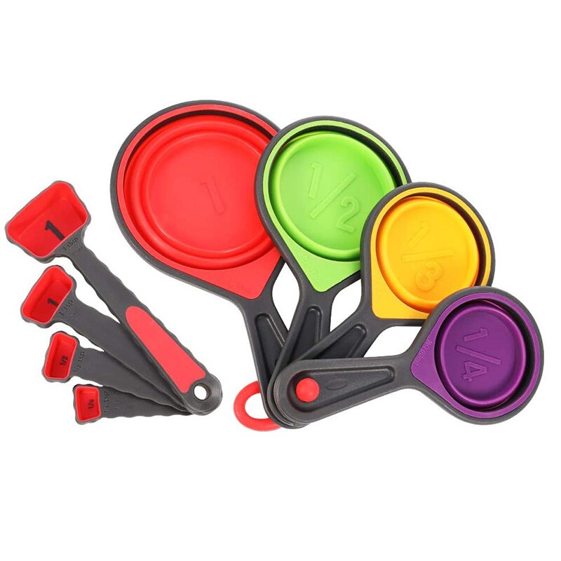 4/8Pcs Silicone Measuring Cup Measuring Spoon Collapsible Baking Measuring Tool Set for Coffee Flour Honey Sugar Baking Spoon: 8Pcs Set