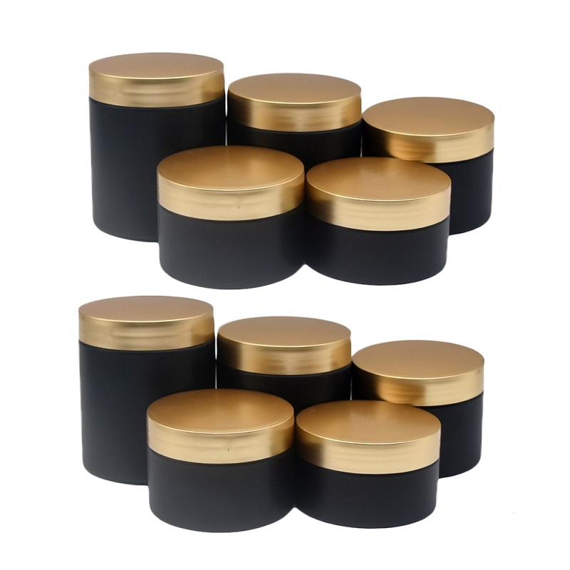 Envases cosméticos vacíos PET cuidado de la piel negro escarchado 100ml120ml150ml 200ml 250ml 8oz macetas de crema facial de plástico con tapa dorada 24 Uds