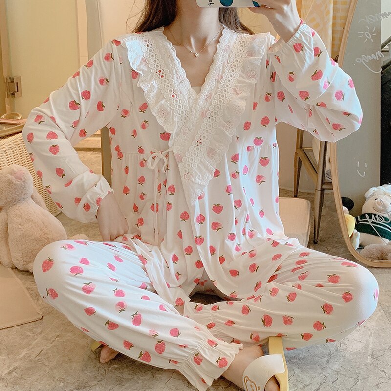 Nattøj til gravide kvinder pyjamas sæt 2 stk bomuld v krave ammetøj amme graviditet nattøj hjemmetøj