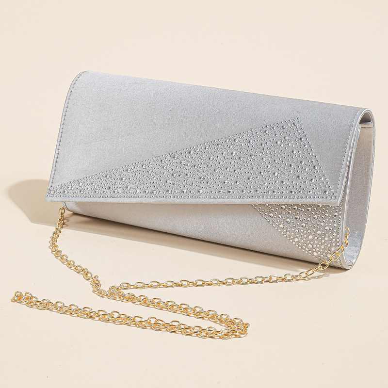 Damskie satynowe torebki wieczorowe z kryształkami błyszczące, błyszczące torebki na imprezę, wesele, bal: Srebrny