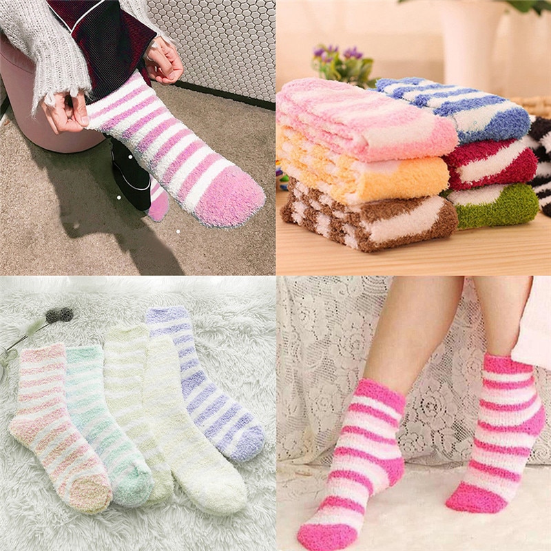 Girls Kid Winter Tube Socks Stripe Cozy Fuzzy Knitted Soft Socks Home Warm Striped Slipper Socks Random Color