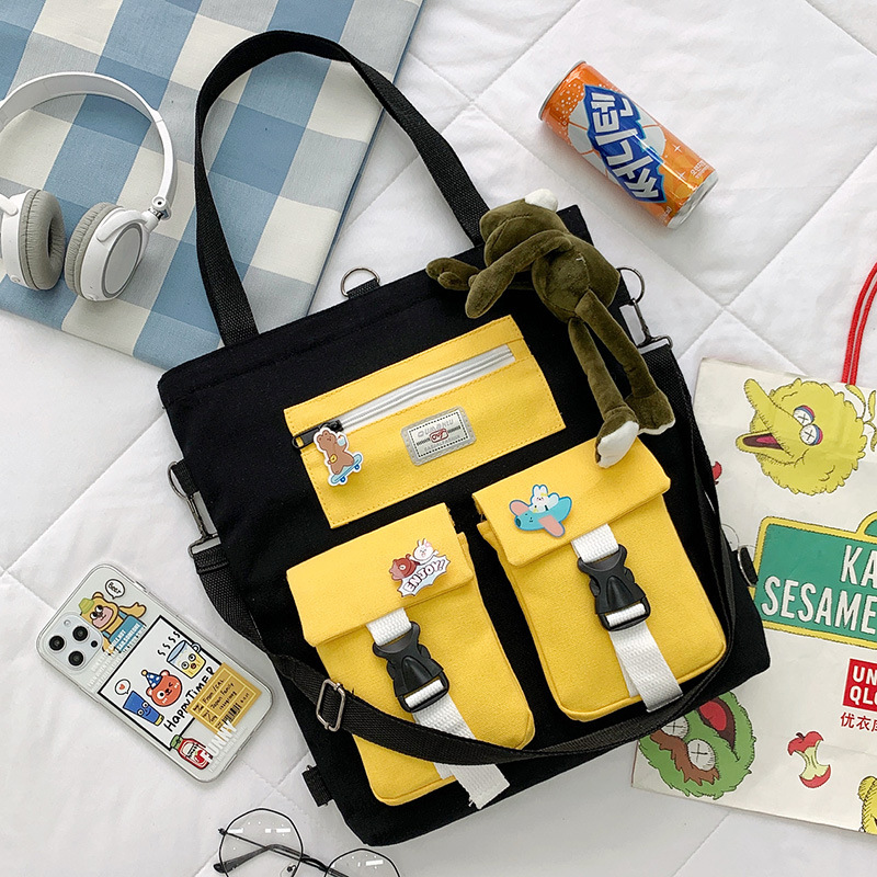 Student Backpack Book Bag Large-capacity Canvas School Class Female Bag Girls Canvas Shoulder Messenger Crossbody Bag: black with frog