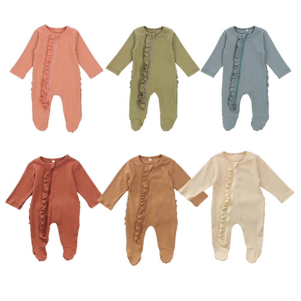 Pasgeboren Baby Baby Romper Nachtkleding Ruffle Solid Lange Mouwen Knited Jumpsuit Footed Baby Kleding Herfst Winter